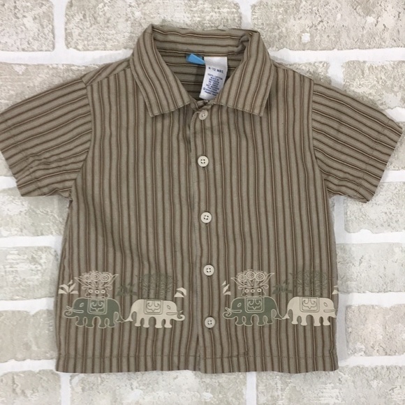 GYMBOREE Boys 6-12 Months Tan Striped Button Down Shirt with Elephants - Picture 1 of 5